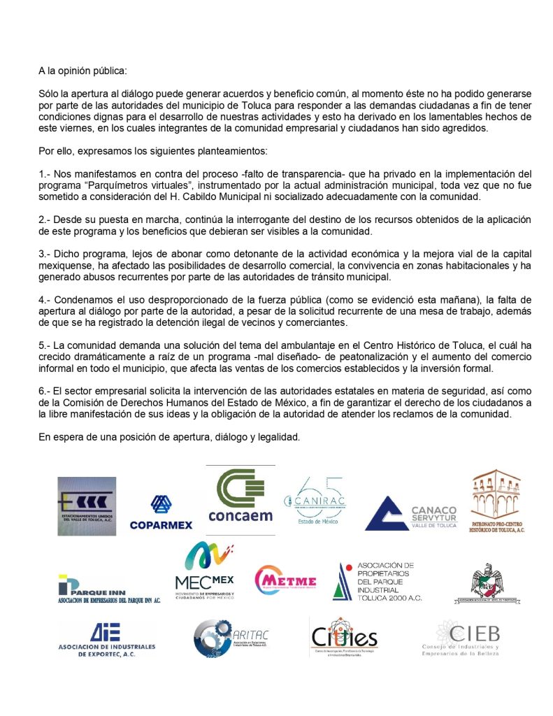 Emite Posicionamiento la Comunidad Empresarial de Toluca