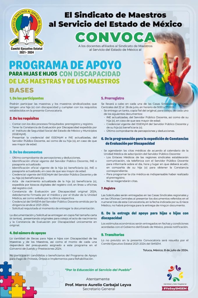 Emite SMSEM Convocatoria Para el Programa de Apoyo a Hijas e Hijos con Discapacidad