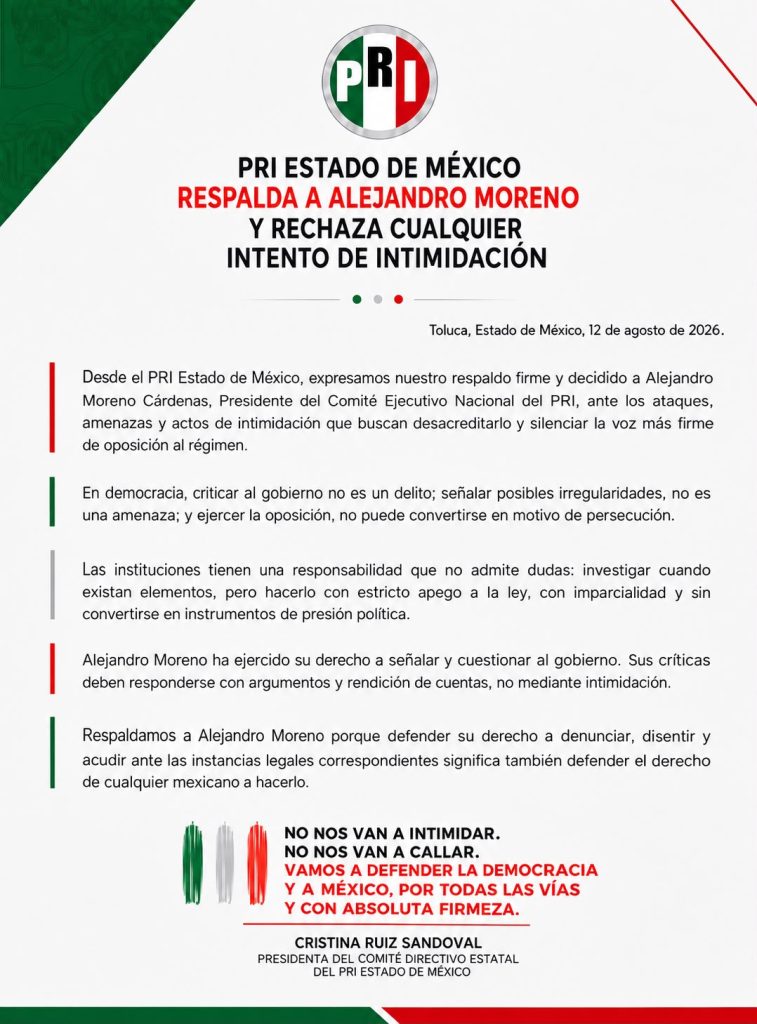 PRI Estado de México Respalda a Alejandro Moreno y Condena Actos de Intimidación